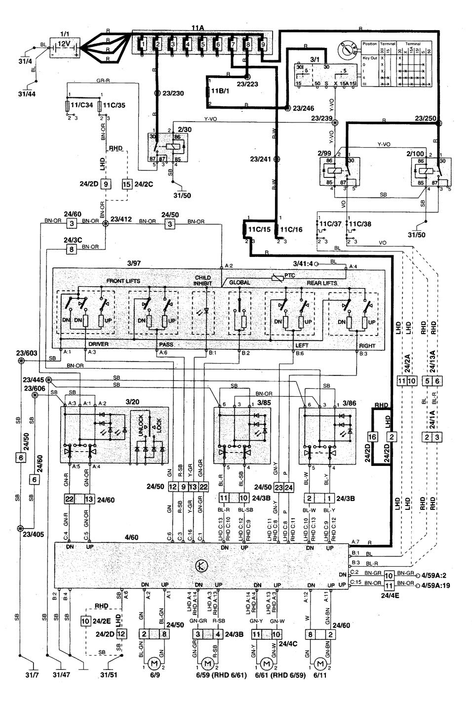 Volvo C70 (1998 - 2004) - wiring diagrams - power windows - CARKNOWLEDGE
